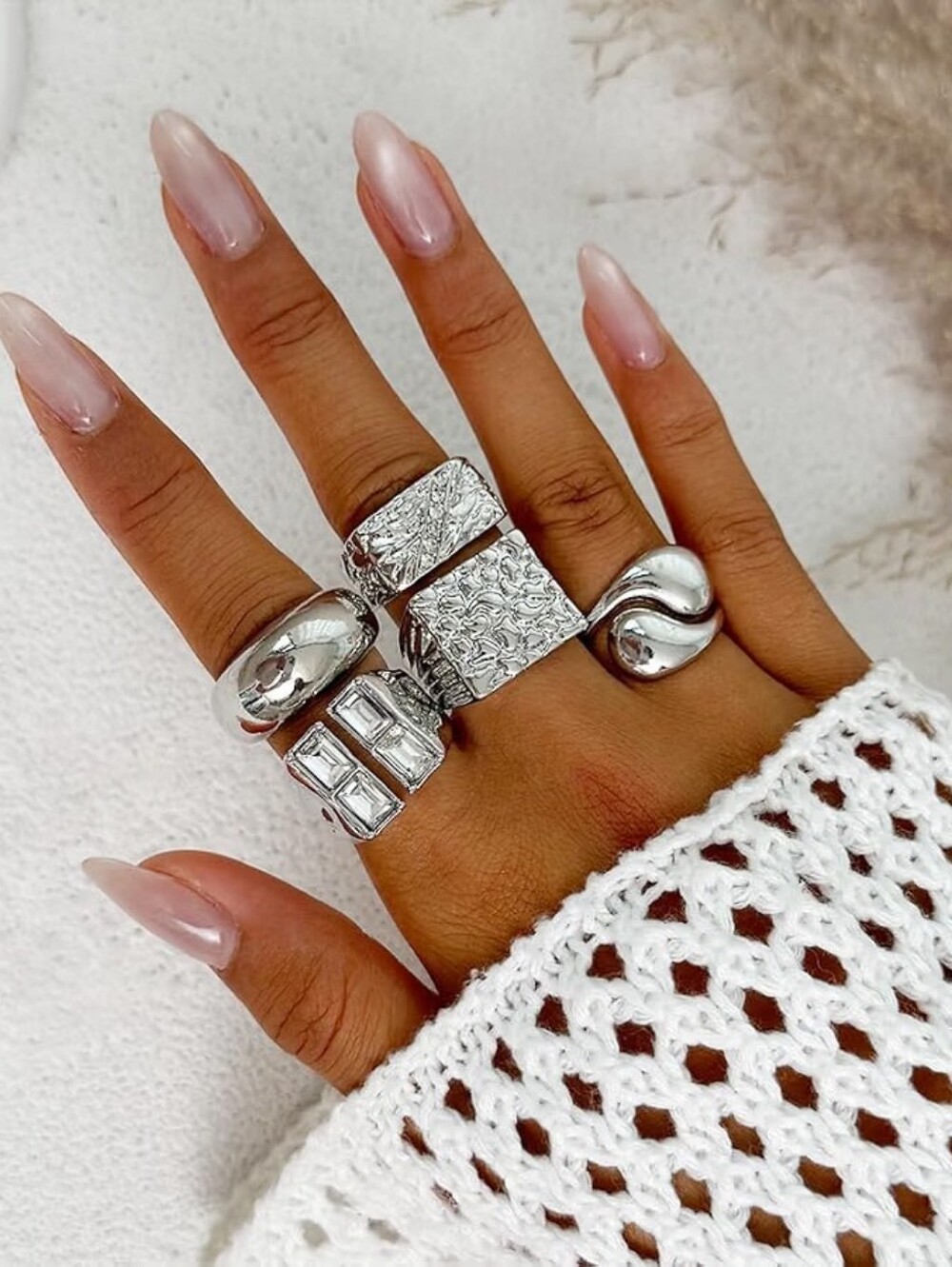5Pcs Chunky Rhinestone Hammered Stackable Rings Set